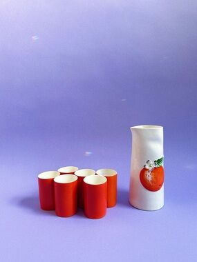 Vintage 1962 Holt Howard Orange Embossed Ceramic Pitcher & Glasses, Japan